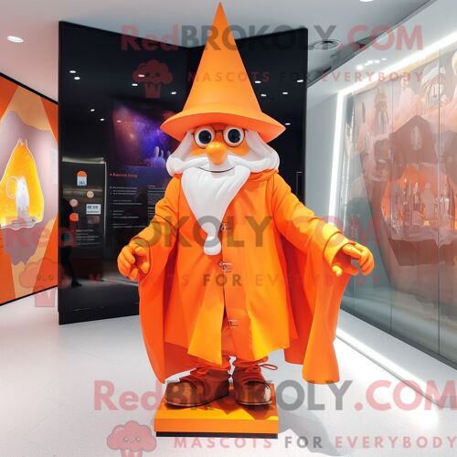 Mascotte Redbrokoly De Magicien Orange Habillé D Un Coupe-Vent Et De Boucles D Oreilles