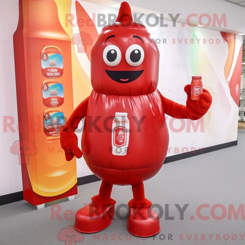 Personnage De Costume De Mascotte Redbrokoly De Bouteille Rouge De Ketchup Habillé Avec Une Barboteuse Et Des Porte-Documents