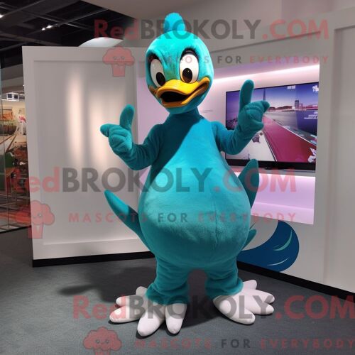 Costume Mascotte Redbrokoly De Cygne Turquoise Habillé D Un Débardeur Et De Mitaines