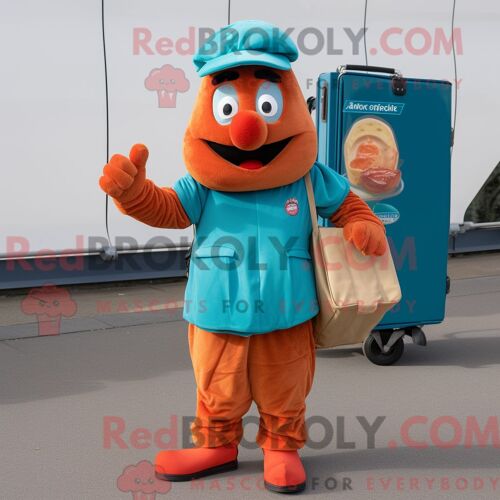 Costume De Mascotte Redbrokoly De Currywurst Turquoise Habillé D Un Pantalon Cargo Et De Bonnets