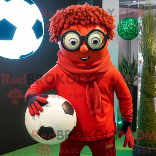 Personnage De Costume De Mascotte Redbrokoly De Ballon De Football Rouge Habillé D Un Pull Et De Lunettes