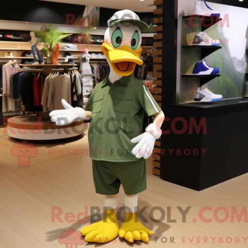 Costume Mascotte Redbrokoly D Oies Olive Habillé Avec Un Pantalon De Jogging Et Des Pinces À Chaussures