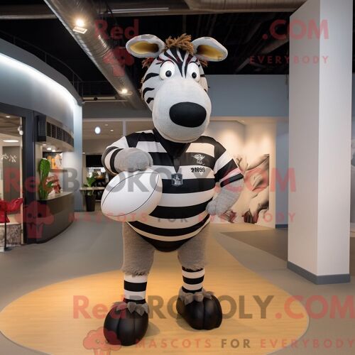 Costume Mascotte Redbrokoly De Zèbre Gris Habillé D Une Chemise De Rugby Et De Noeuds Papillons