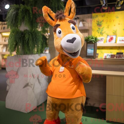 Mascotte Redbrokoly D Âne Orange Costume De Personnage Habillé Avec Une Blouse Et Des Pinces À Cheveux
