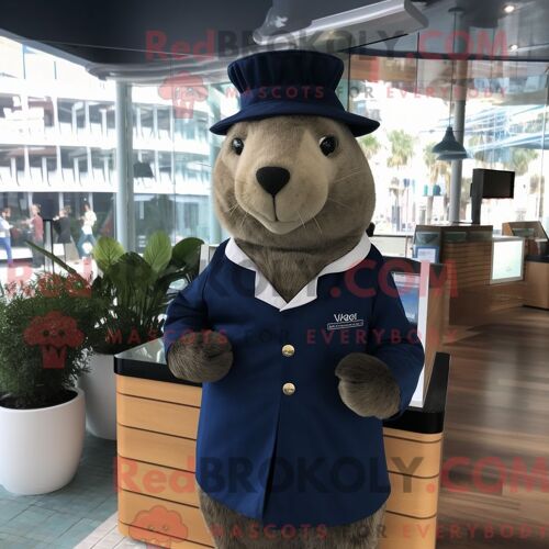Costume Mascotte Redbrokoly De Capybara Bleu Marine Personnage Habillé D Une Robe Portefeuille Et De Bonnets