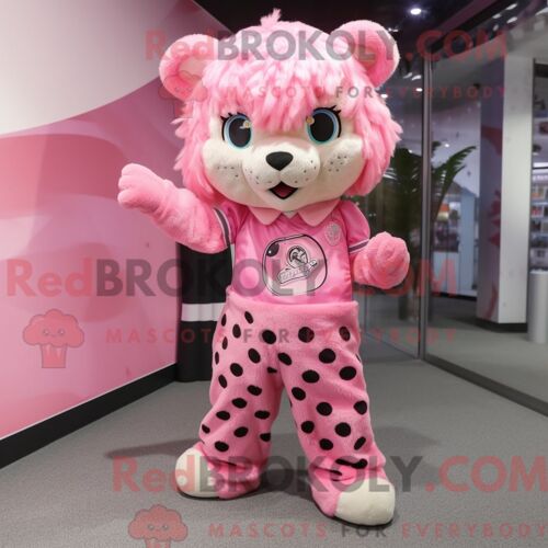 Mascotte Redbrokoly De Léopard Rose Personnage Habillé Avec Une Jupe-Culotte Et Des Pinces À Cheveux