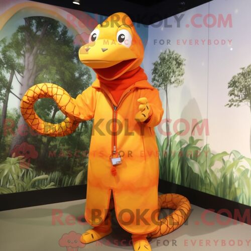 Mascotte Redbrokoly De Serpent Orange Personnage Habillé Avec Un Imperméable Et Des Pinces À Cheveux