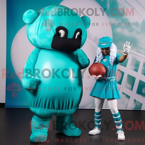Costume Mascotte Redbrokoly De Casque De Football Américain Turquoise Personnage Habillé Avec Une Jupe Longue Et Des Boucles D Oreilles