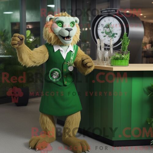 Costume De Mascotte Redbrokoly De Smilodon Vert Forêt Habillé D Une Robe De Cocktail Et De Montres Numériques