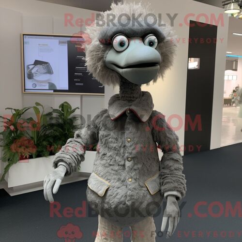 Mascotte Redbrokoly De Personnage D Autruche Grise Habillé D Un Col Roulé Et De Boucles D Oreilles