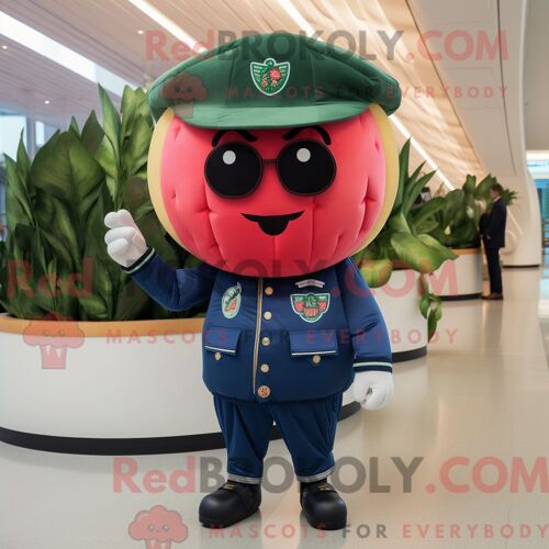 Costume Mascotte Redbrokoly De Pastèque Bleu Marine Personnage Habillé D Un Blouson Aviateur Et De Bérets