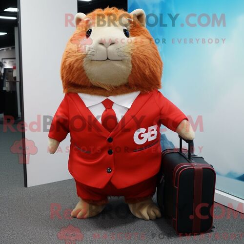 Costume De Mascotte Redbrokoly De Cochon D Inde Rouge Habillé D Un Pantalon Habillé Et De Porte-Documents
