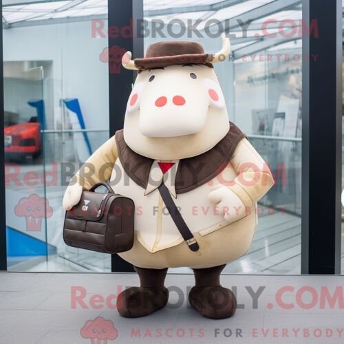 Costume Mascotte Redbrokoly De Boeuf Wellington Beige Personnage Habillé D Un Blazer Et De Sacs Messager