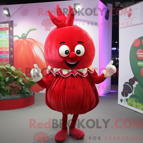 Costume Mascotte Redbrokoly De Navet Rouge Habillé D Une Mini Jupe Et D Anneaux