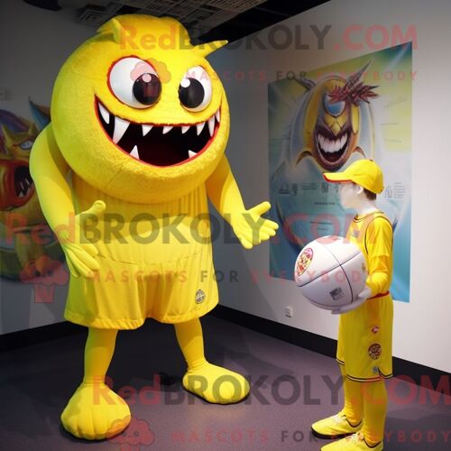 Costume Mascotte Redbrokoly De Démon Jaune Habillé Avec Un Maillot De Bain Une Pièce Et Des Casquettes