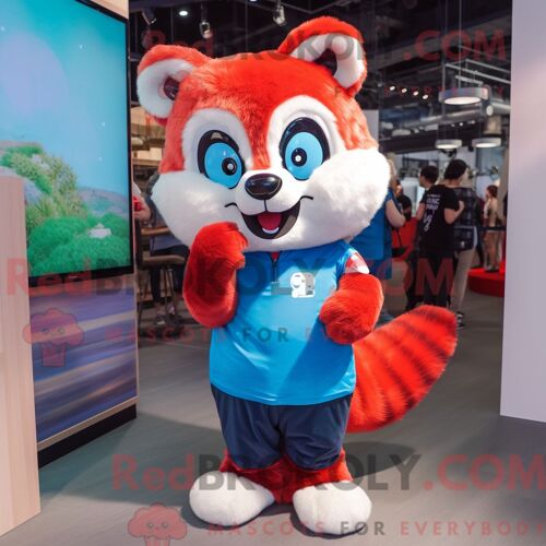 Costume De Mascotte Redbrokoly De Panda Rouge Bleu Ciel Habillé Avec Une Barboteuse Et Des Pinces À Chaussures