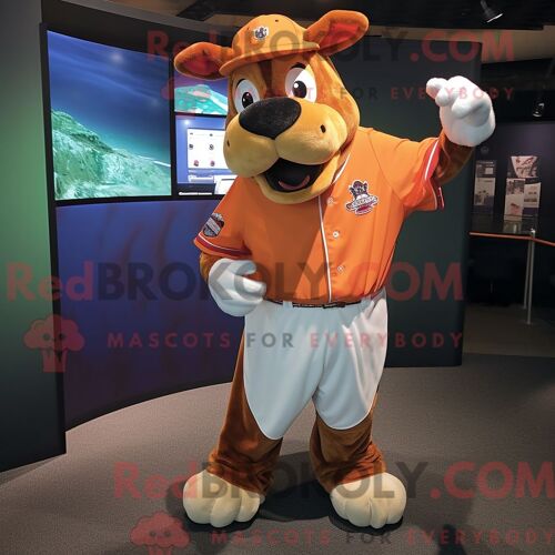 Costume De Mascotte Redbrokoly De Vache De Guernesey Orange Habillé D Un T-Shirt De Baseball Et D Épinglettes
