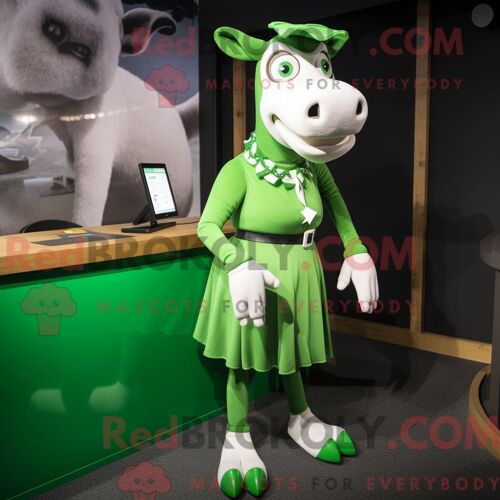 Costume De Mascotte Redbrokoly De Vache En Jersey Vert Personnage Habillé Avec Une Jupe Crayon Et Des Bracelets De Cheville