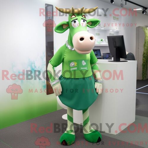 Costume De Mascotte Redbrokoly De Vache En Jersey Vert Personnage Habillé Avec Une Jupe Crayon Et Des Bracelets De Cheville