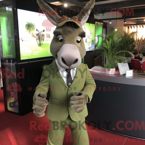 Costume Mascotte Redbrokoly D Âne Olive Habillé D Une Veste De Costume Et De Pochettes De Costume