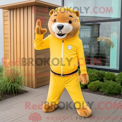 Costume De Mascotte Redbrokoly De Loutre Jaune Personnage Habillé D Un Pantalon De Jogging Et D Épingles À Cravate
