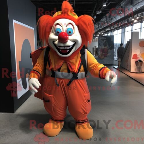 Costume De Mascotte Redbrokoly De Clown Maléfique Orange Habillé Avec Un T-Shirt À Col En V Et Des Sacs À Dos