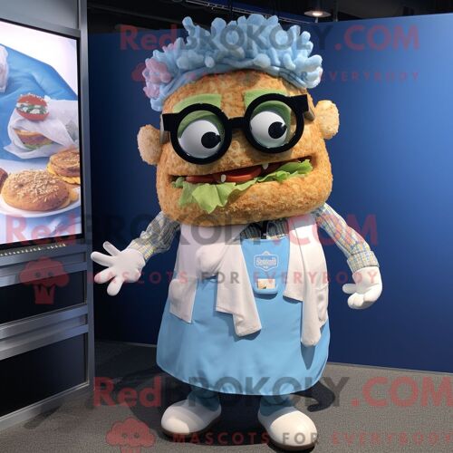 Personnage De Costume De Mascotte Redbrokoly De Sandwich Au Porc Effiloché Bleu Habillé Avec Une Barboteuse Et Des Lunettes