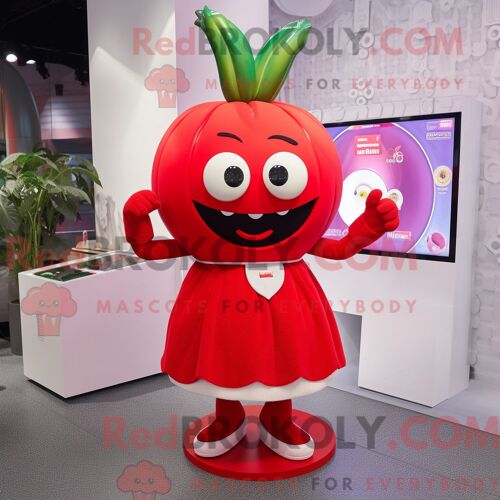Costume Mascotte Redbrokoly De Navet Rouge Habillé D Une Mini Jupe Et D Anneaux