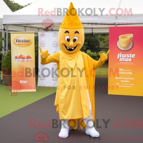 Costume Mascotte Redbrokoly Tikka Masala Jaune Personnage Habillé Avec Une Robe Taille Empire Et Des Pochettes De Costume