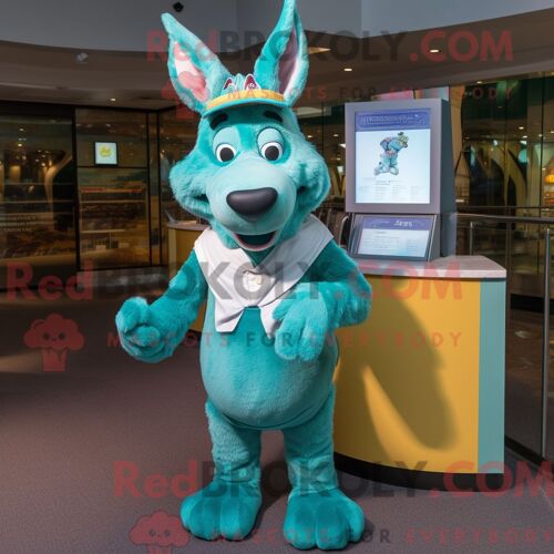 Costume De Mascotte Redbrokoly D Âne Turquoise Habillé Avec Une Jupe Trapèze Et Des Gants