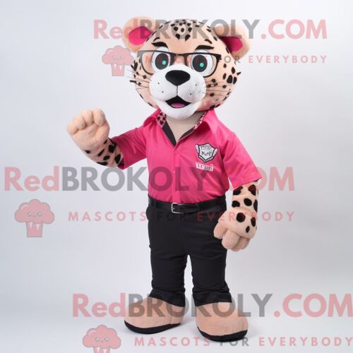 Costume De Mascotte Redbrokoly De Léopard Rose Habillé Avec Une Chemise Boutonnée Et Des Lunettes