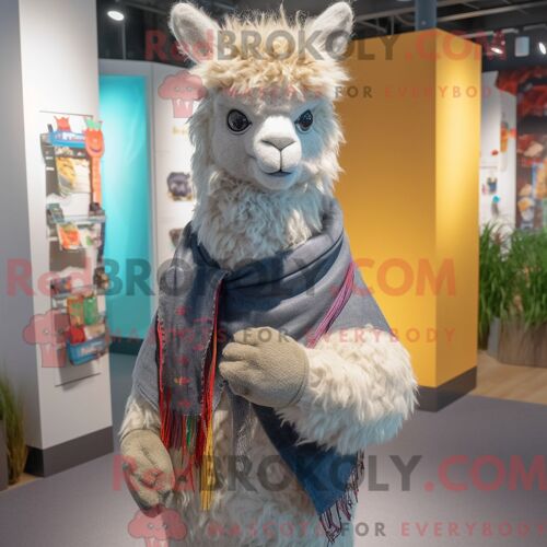 Costume De Mascotte Redbrokoly D Alpaga Gris Personnage Habillé Avec Un Jean Boyfriend Et Des Clips Pour Écharpe