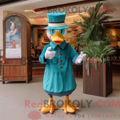 Costume De Mascotte Redbrokoly De Canard De Barbarie Bleu Sarcelle Habillé Avec Un Pantalon Capri Et Des Épingles À Chapeau