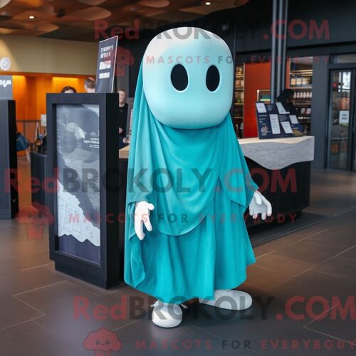 Costume De Mascotte Redbrokoly De Lanceur De Couteaux Turquoise Habillé D Une Robe Fourreau Et D Écharpes