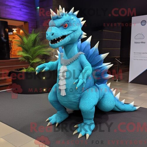 Costume Mascotte Redbrokoly De Stégosaure Bleu Ciel Personnage Habillé Avec Une Robe De Soirée Et Des Ceintures