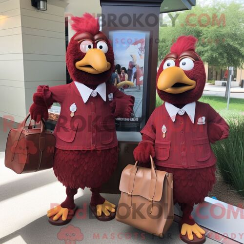 Personnage De Costume De Mascotte Redbrokoly De Poulet Au Parmesan Marron Habillé Avec Une Chemise Habillée Et Des Sacs À Main