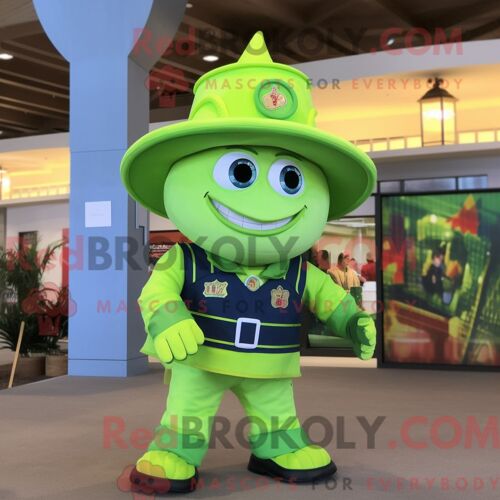 Costume De Mascotte Redbrokoly De Pompier Vert Citron Habillé D Un Jean Bootcut Et D Un Porte-Monnaie