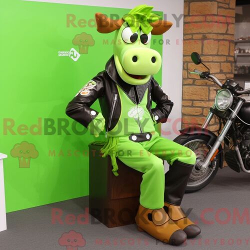Costume De Mascotte Redbrokoly De Vache En Jersey Vert Citron Personnage Habillé D Une Veste De Motard Et De Lacets De Chaussures
