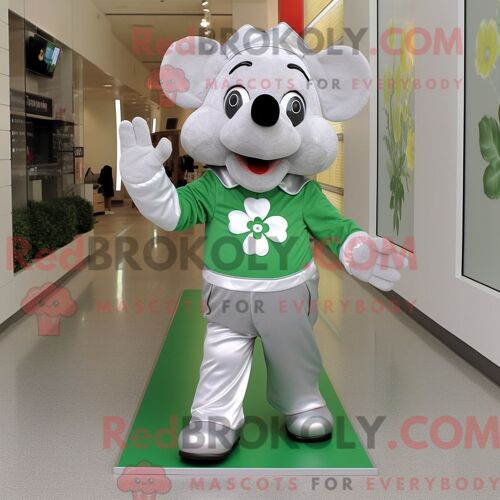 Costume De Mascotte Redbrokoly De Trèfle À Quatre Feuilles Argenté Personnage Habillé Avec Une Chemise Boutonnée Et Des Lacets De Chaussure
