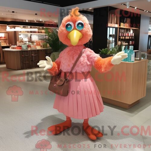 Personnage De Costume De Mascotte Redbrokoly De Poulet Pêche Habillé Avec Une Robe De Cocktail Et Des Sacs Fourre-Tout