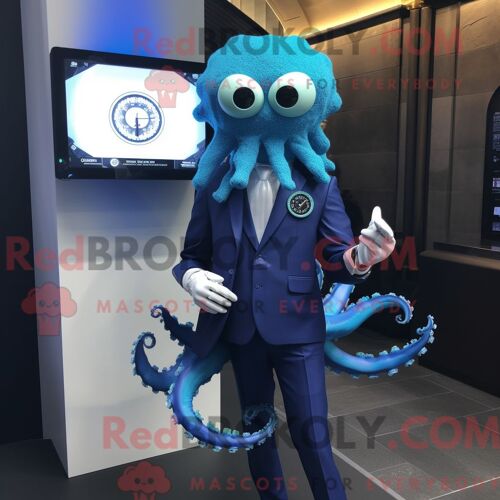 Personnage Mascotte Redbrokoly De Méduse Bleue Habillé D Un Costume Et De Montres Numériques
