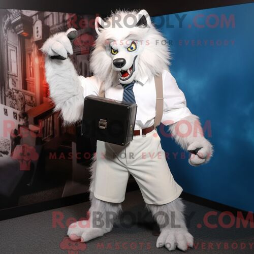 Personnage De Costume De Mascotte Redbrokoly De Loup-Garou Blanc Habillé Avec Une Jupe Trapèze Et Des Porte-Documents
