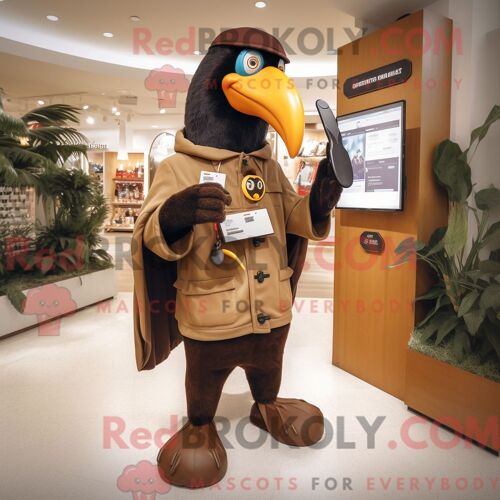 Costume Mascotte Redbrokoly De Toucan Marron Habillé D Une Parka Et De Montres Digitales
