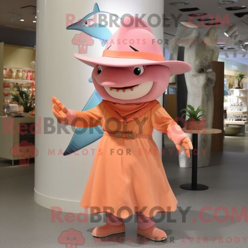 Costume De Mascotte Redbrokoly De Requin Pêche Personnage Habillé Avec Une Robe Midi Et Des Épingles À Chapeau