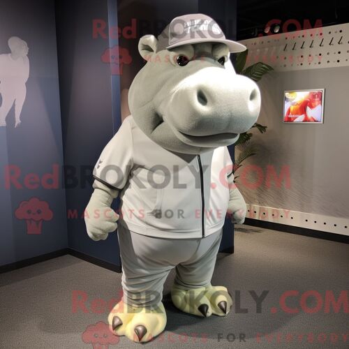Costume De Mascotte Redbrokoly D Hippopotame Argenté Personnage Habillé Avec Un Pantalon De Jogging Et Des Chapeaux