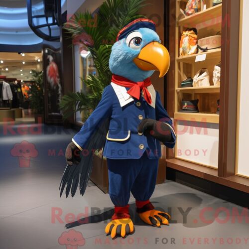 Costume Mascotte Redbrokoly De Perroquet Bleu Marine Habillé D Une Combishort Et De Noeuds Papillons