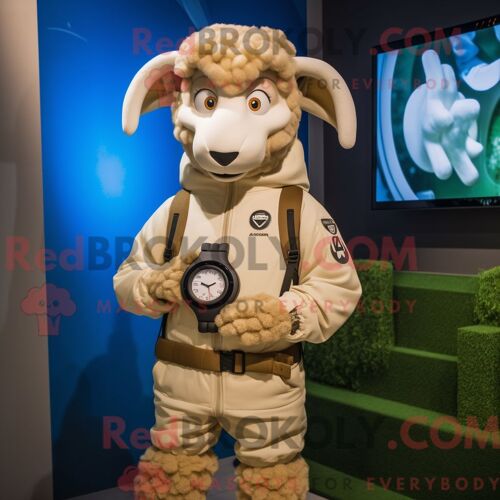 Costume Mascotte Redbrokoly De Bélier Beige Habillé D Un Coupe-Vent Et De Montres Connectées