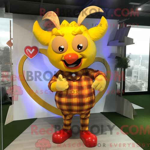 Costume De Mascotte Redbrokoly De Cupidon Jaune Habillé D Une Chemise En Flanelle Et D Épingles À Cravate