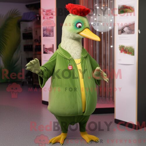 Costume De Mascotte Redbrokoly De Pic Vert Habillé D Une Robe Midi Et D Épinglettes