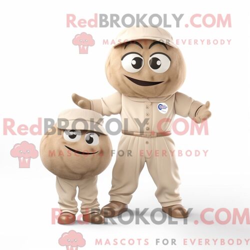 Costume Mascotte Redbrokoly De Boule De Pétanque Beige Personnage Habillé D Une Combishort Et De Ceintures De Smoking